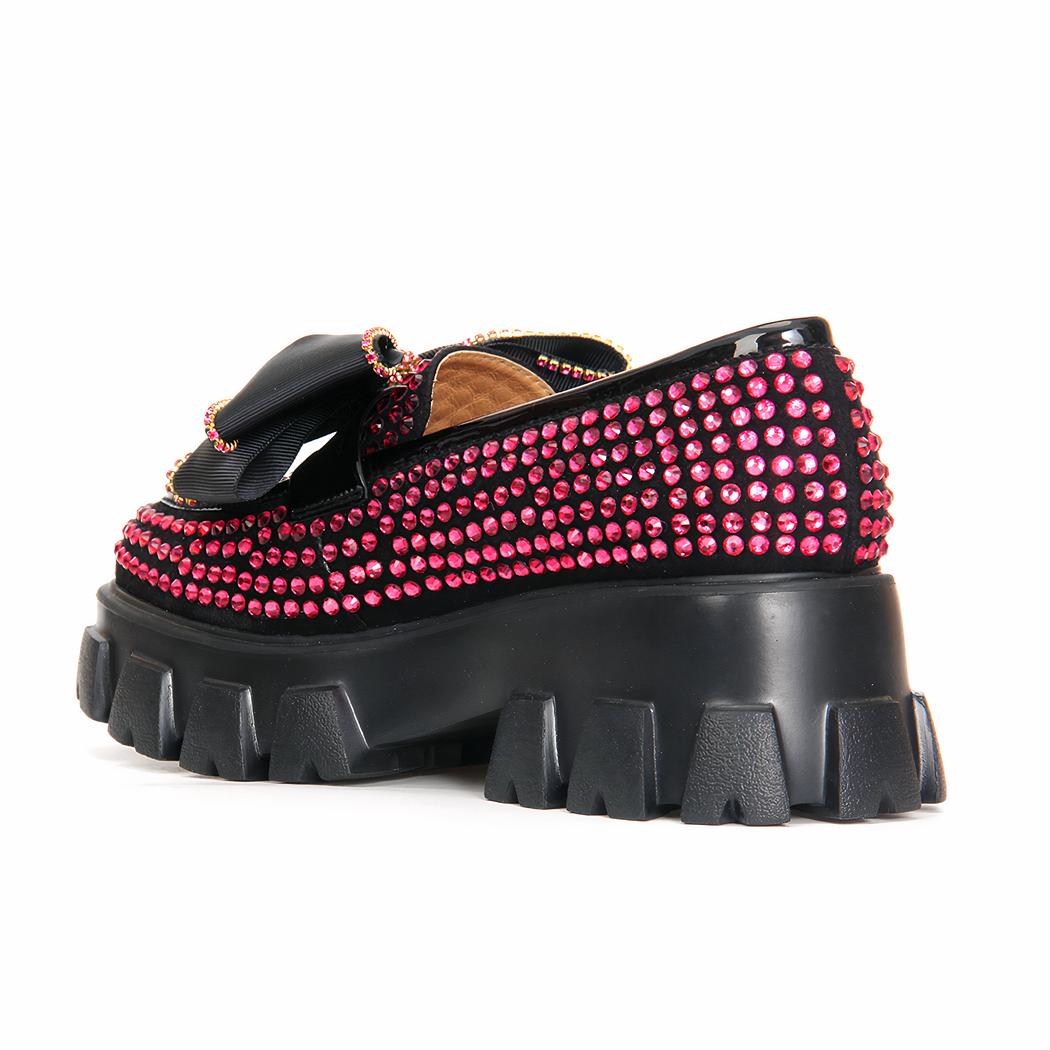 Mocassins à plateforme avec un papillon orné de strass rose pour femmes