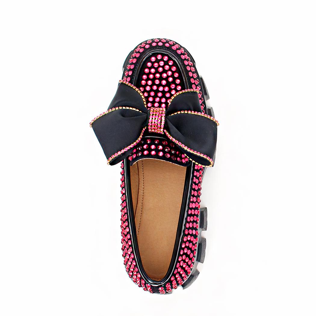 Mocassins à plateforme avec un papillon orné de strass rose pour femmes