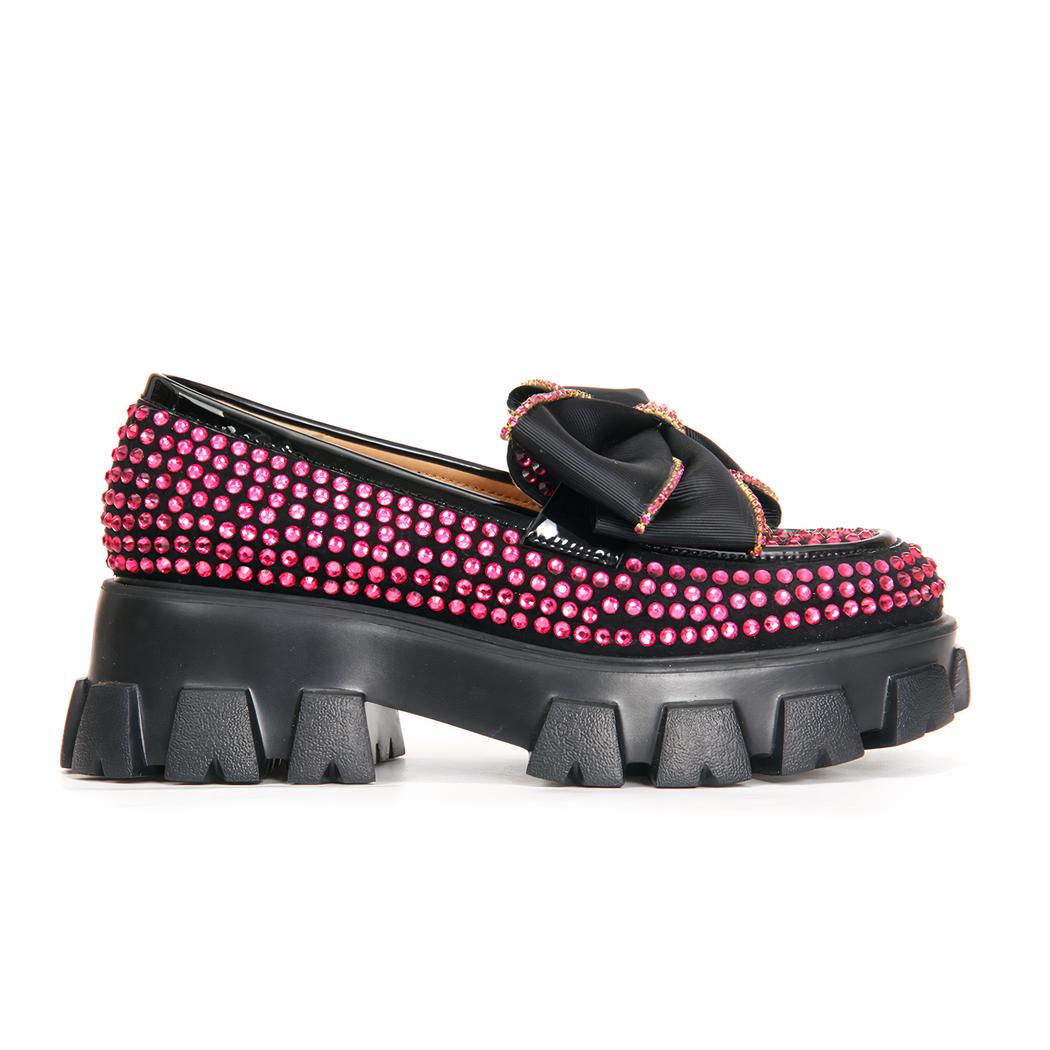 Mocassins à plateforme avec un papillon orné de strass rose pour femmes