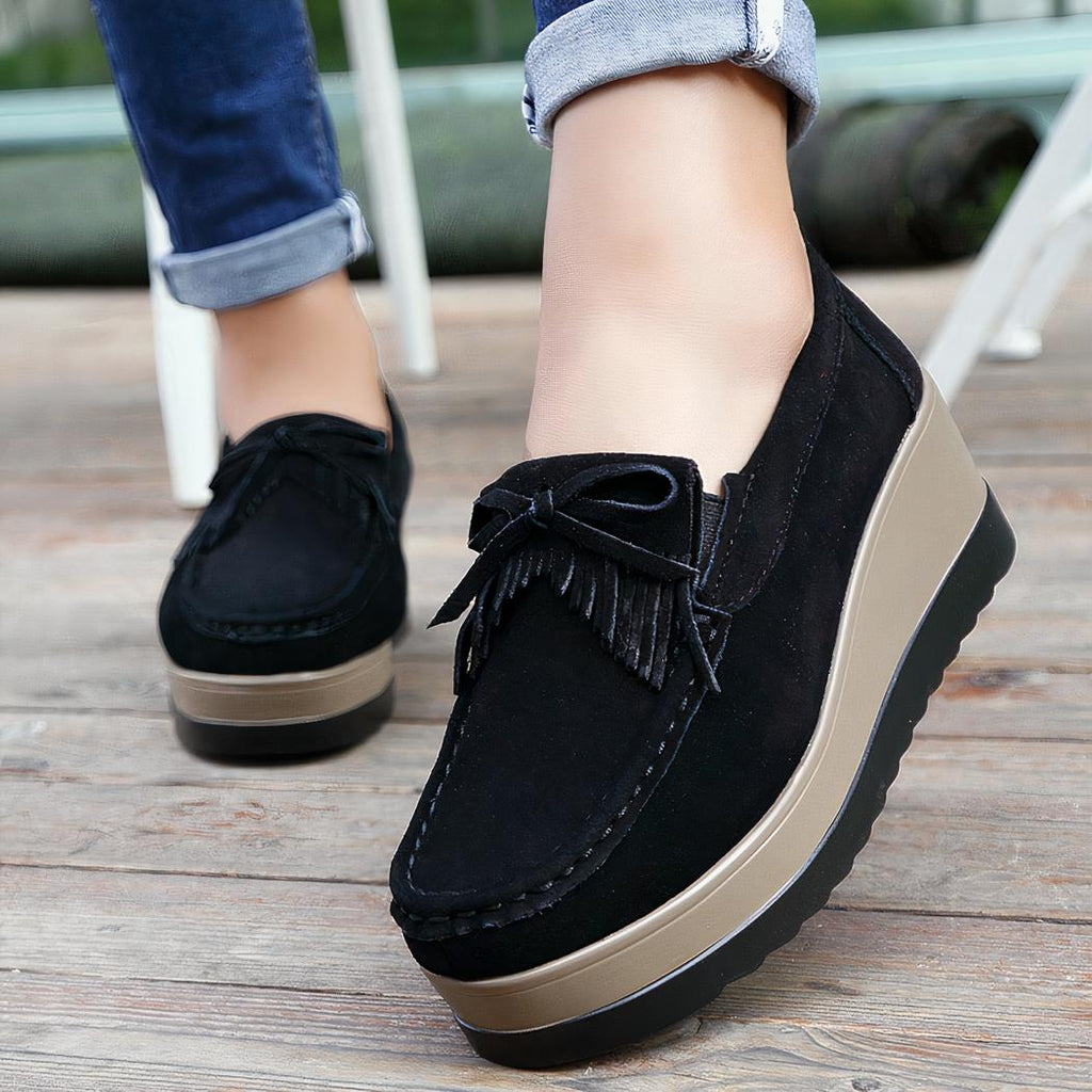 Mocassins compensés avec franges en suédine pour femme