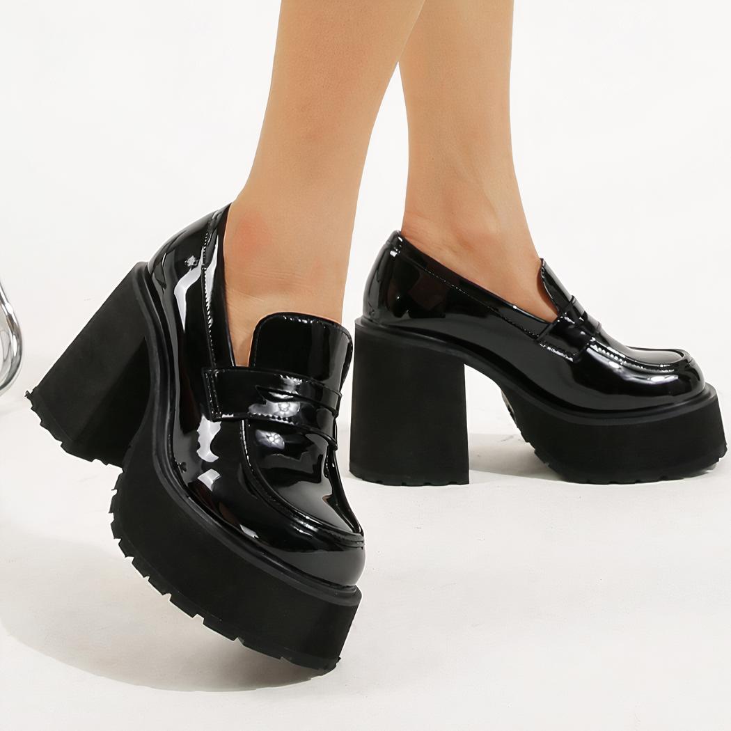 Mocassins à talons à semelle épaisse noire pour femmes
