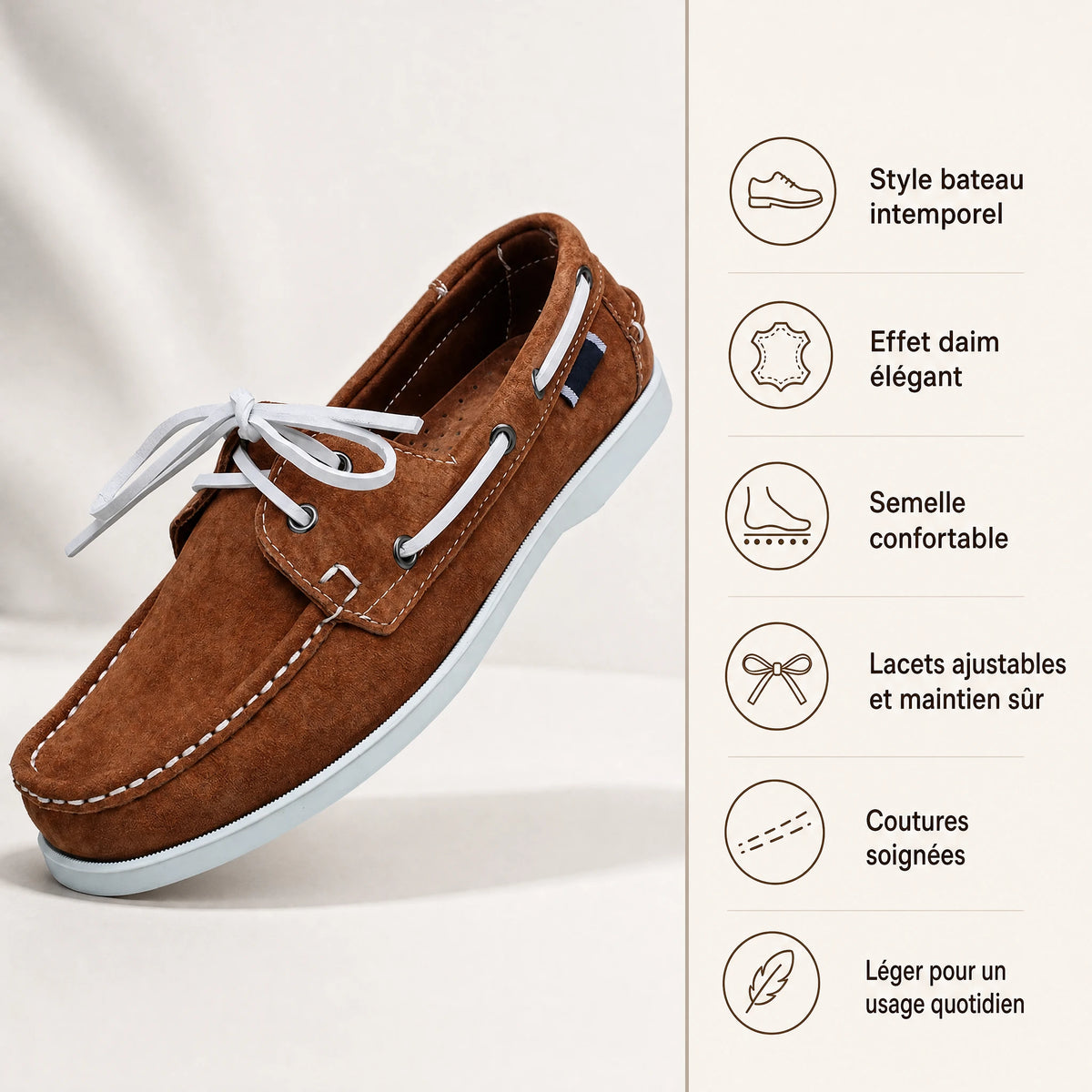 Mocassins bateau homme en daim à lacets blancs - Bénéfices produit