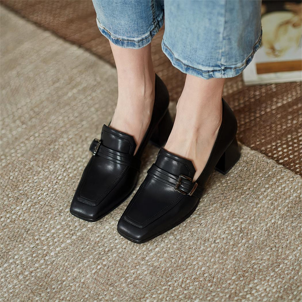 Mocassins carrés en cuir véritable pour femmes