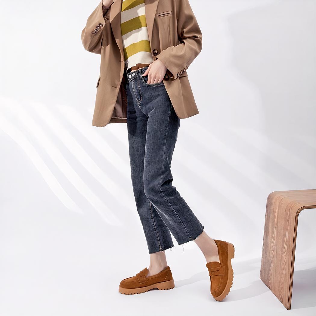 Mocassins classique en daim véritable à semelle épaisse