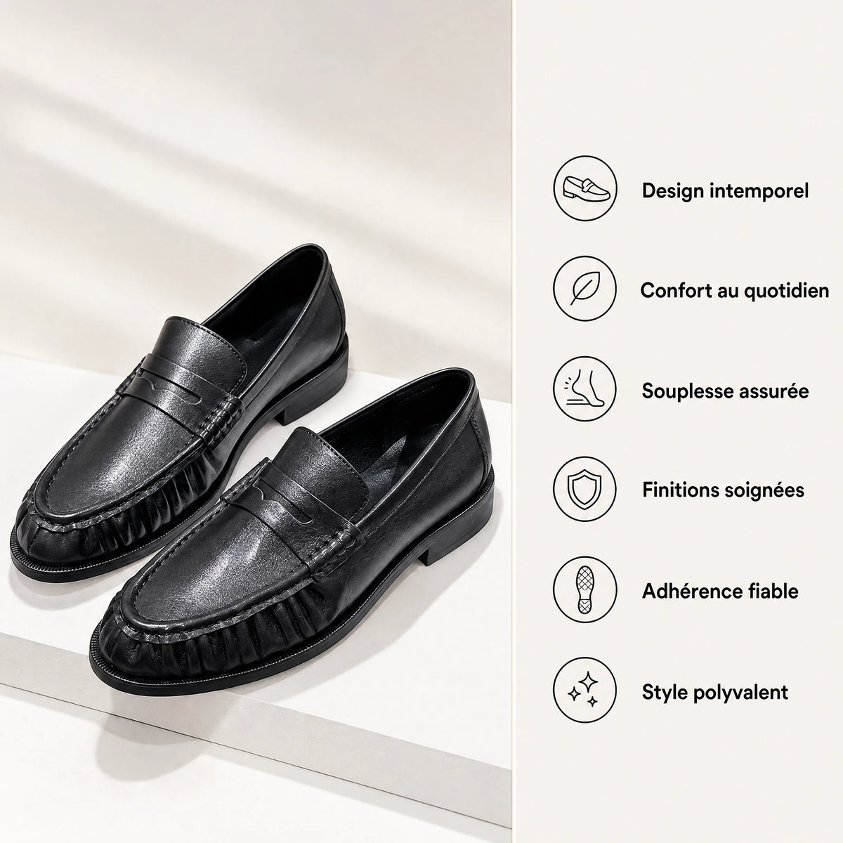 Mocassins croco femme à enfiler, effet plissé autruche - Bénéfices produit