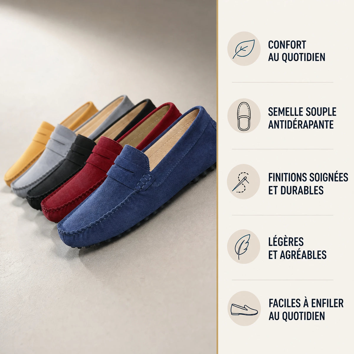 Mocassins daim homme à coutures apparentes et semelles picots - Bénéfices produit