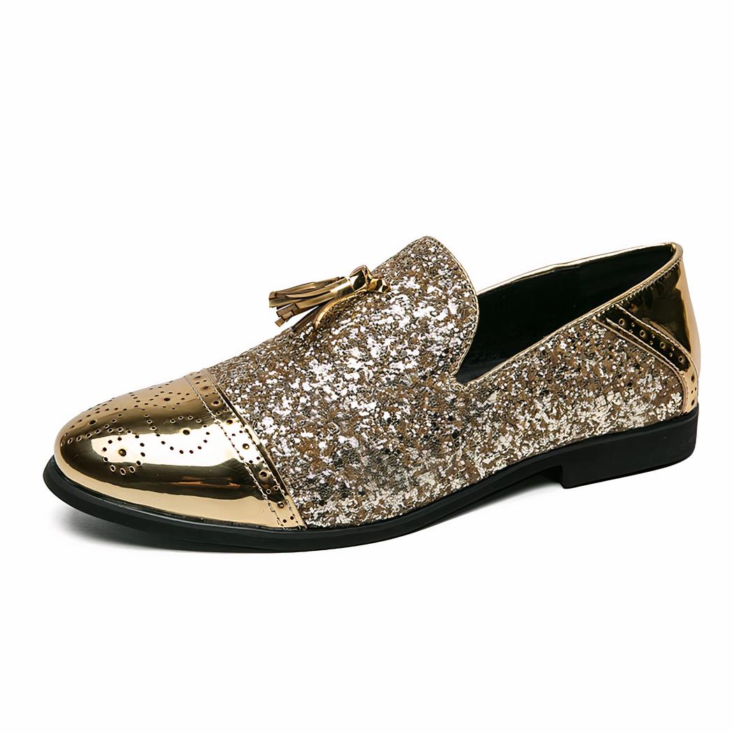 Mocassins de soirée dorés vernis et pailletés