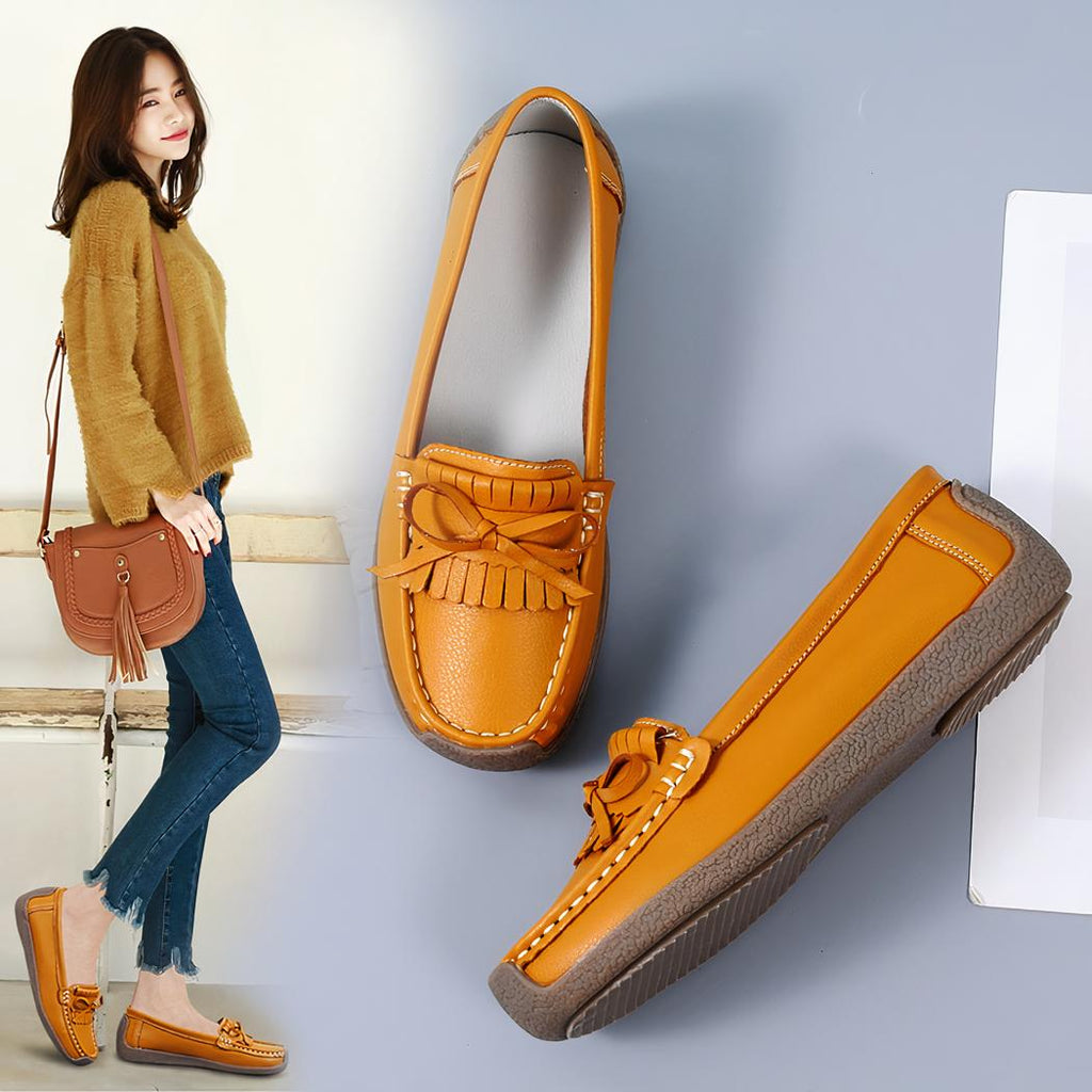 Mocassins en cuir véritable à frange et noeud