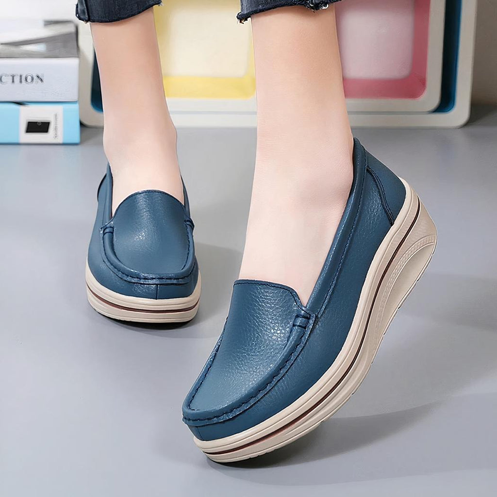 Mocassins en cuir véritable à semelles compensées pour femme