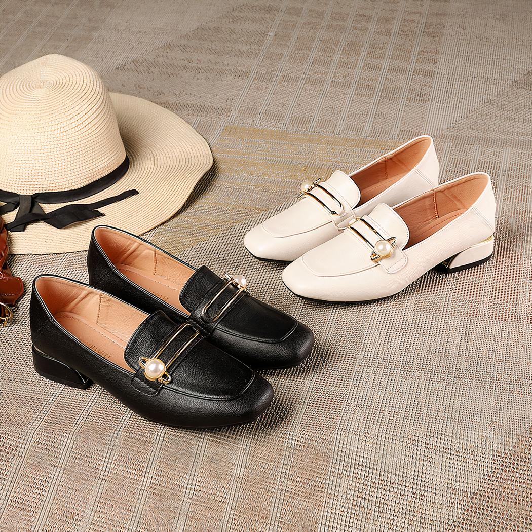 Mocassins en cuir à talons épais et carré pour femmes