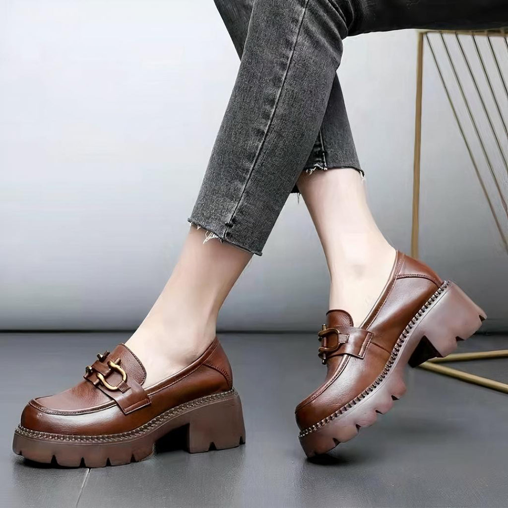 Mocassins à talons en cuir style rétro pour femmes