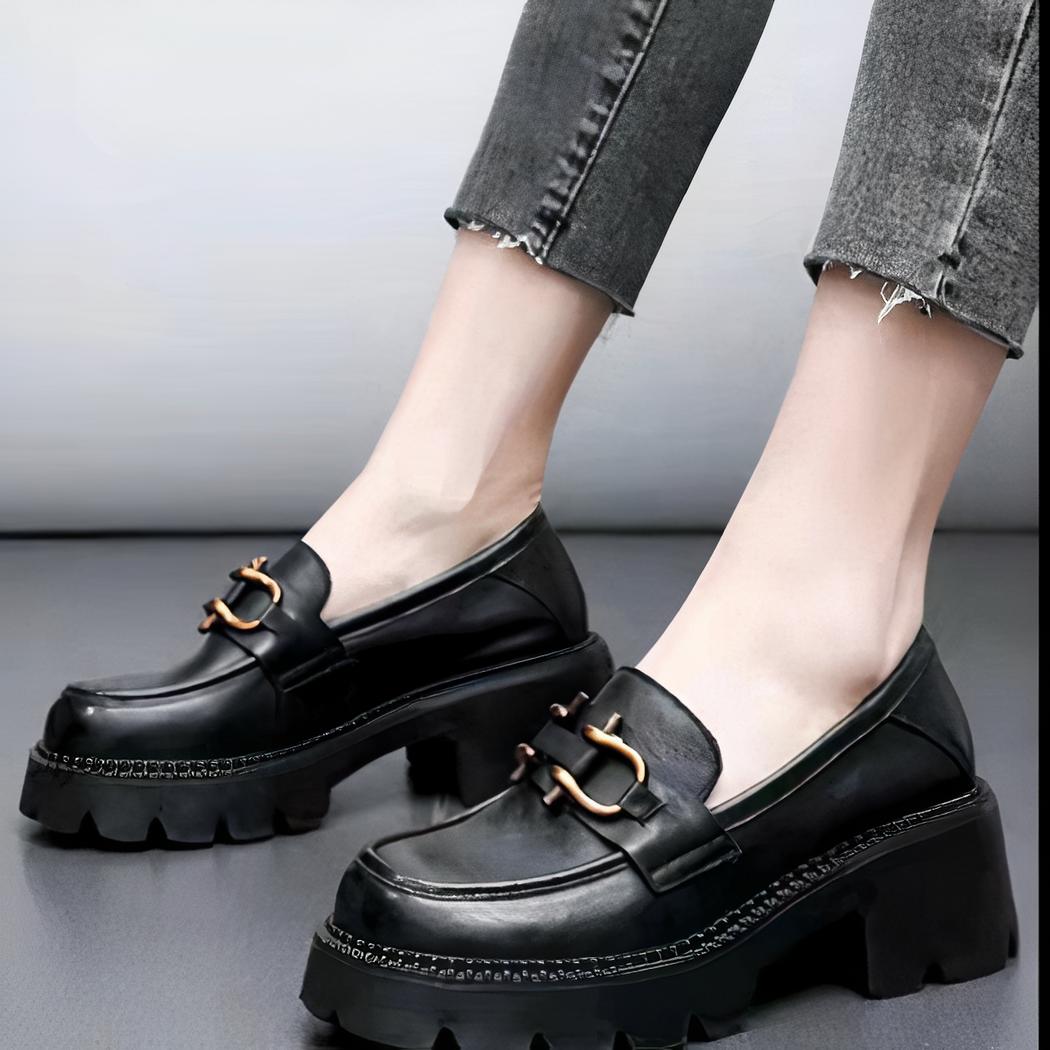 Mocassins à talons en cuir style rétro pour femmes