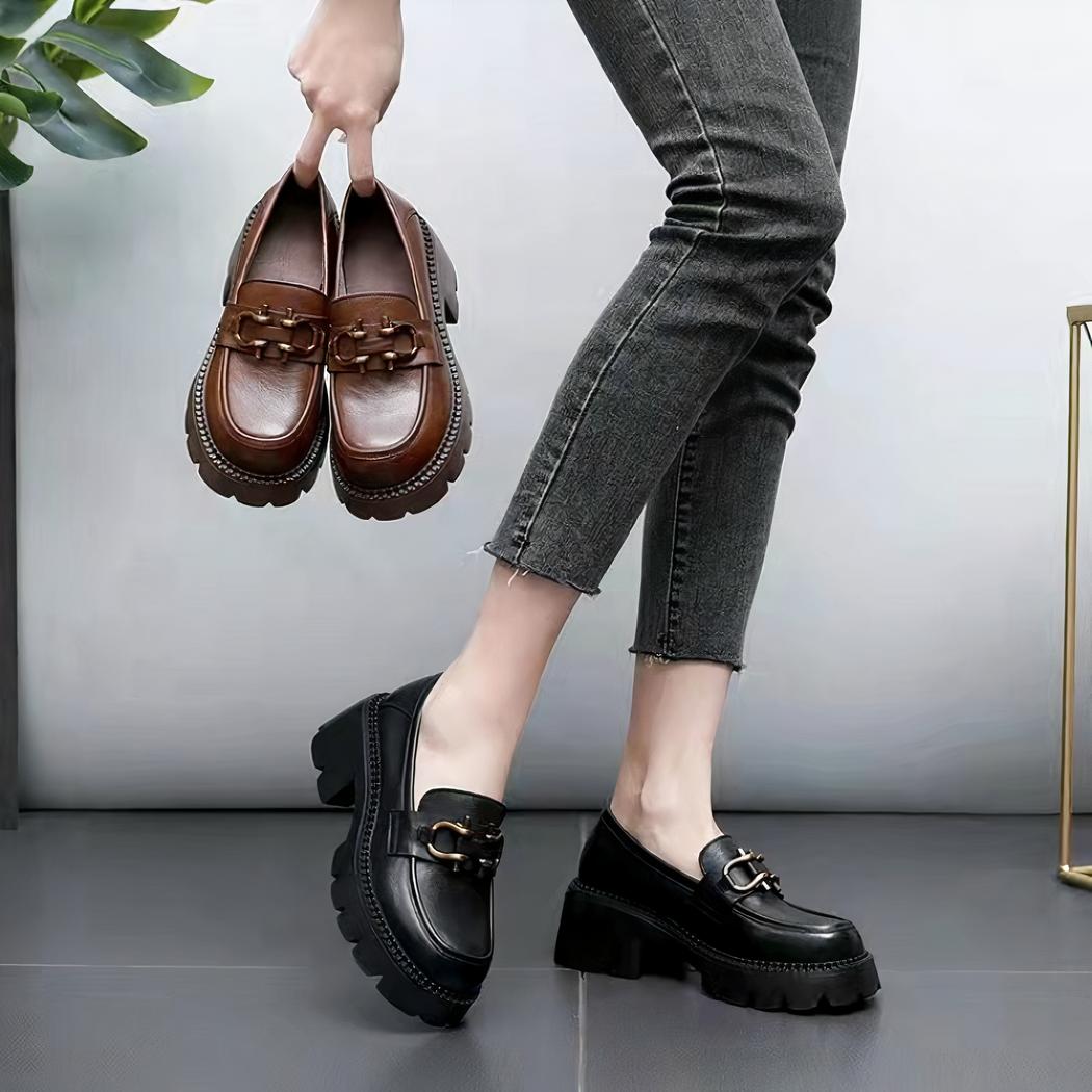 Mocassins à talons en cuir style rétro pour femmes