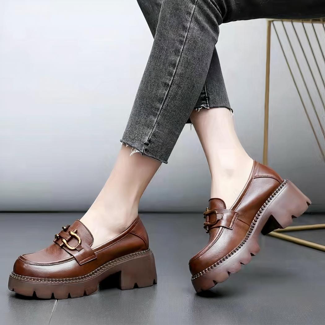Mocassins à talons en cuir style rétro pour femmes