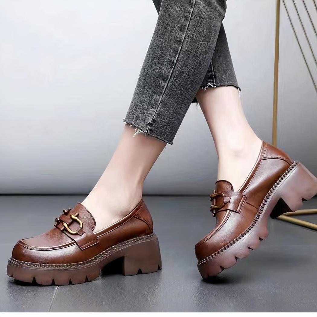 Mocassins à talons en cuir style rétro pour femmes