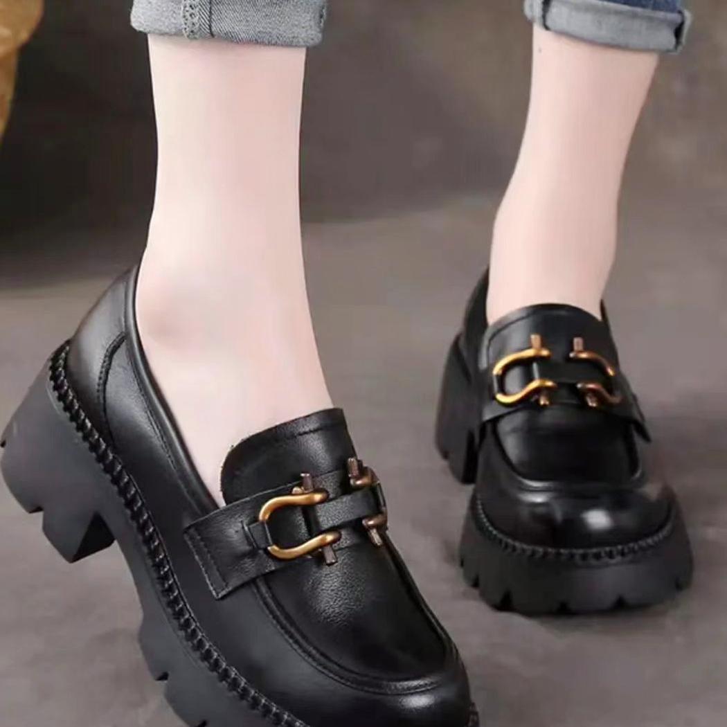 Mocassins à talons en cuir style rétro pour femmes