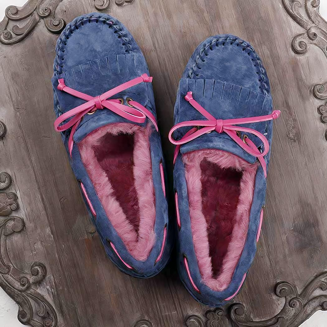 Mocassins en daim fourré à noeud pour femmes