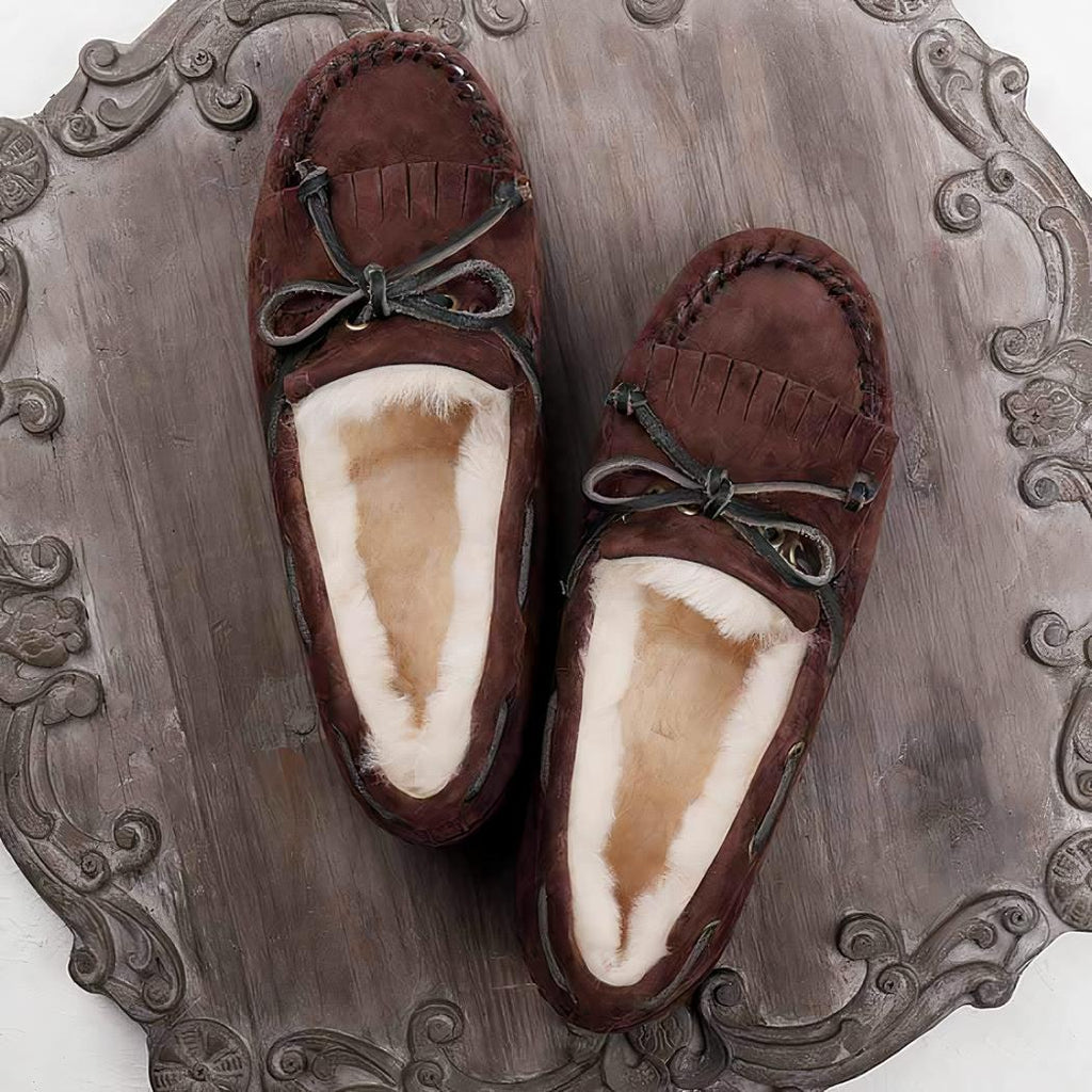 Mocassins en daim fourré à noeud pour femmes