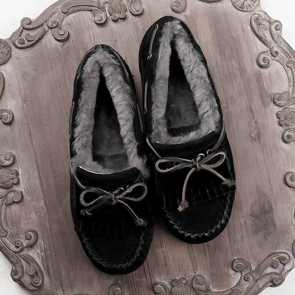 Mocassins en daim fourré à noeud pour femmes