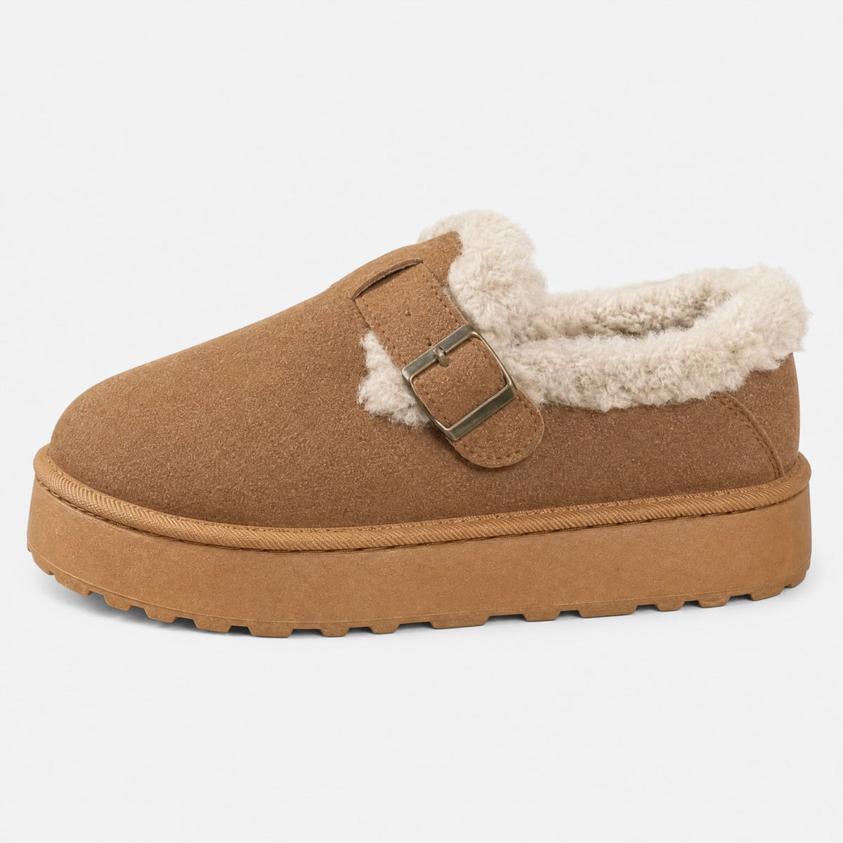 Mocassins fourrés femme à boucle avec semelle épaisse - Fond neutre