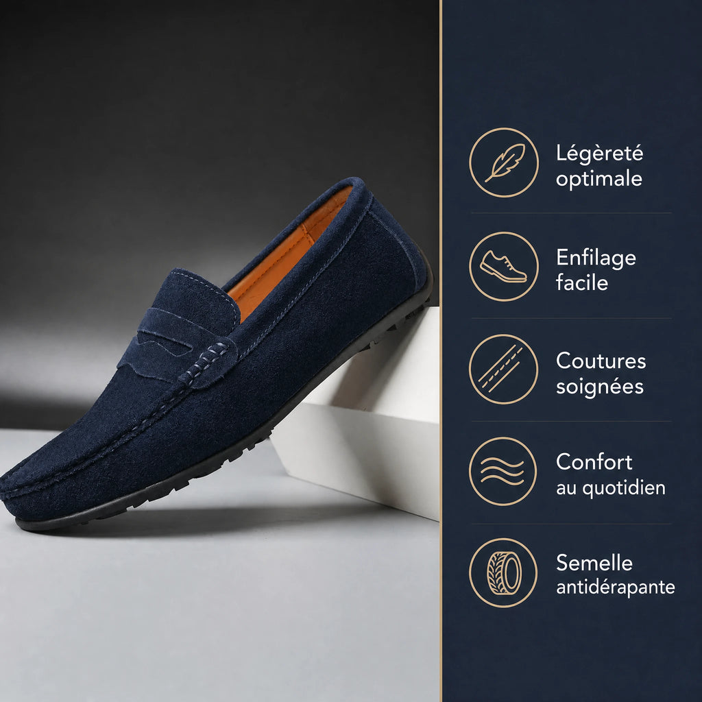 Mocassins homme bleu en daim avec semelle crantée - Bénéfices produit
