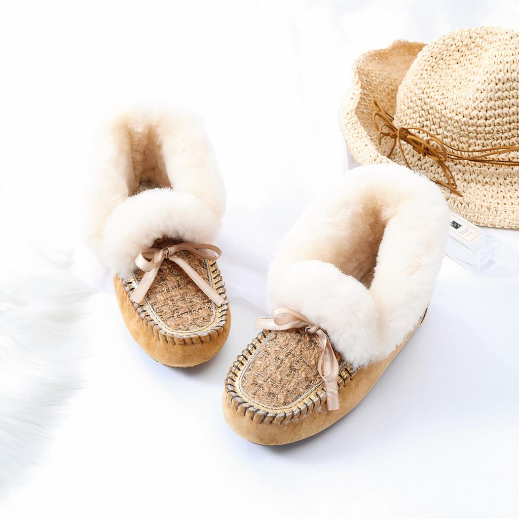 Mocassins indiens en daim fourré et tige en tweed