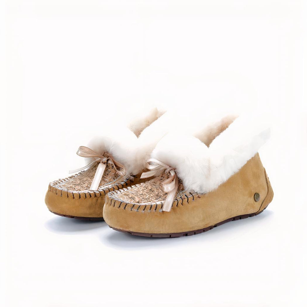 Mocassins indiens en daim fourré et tige en tweed