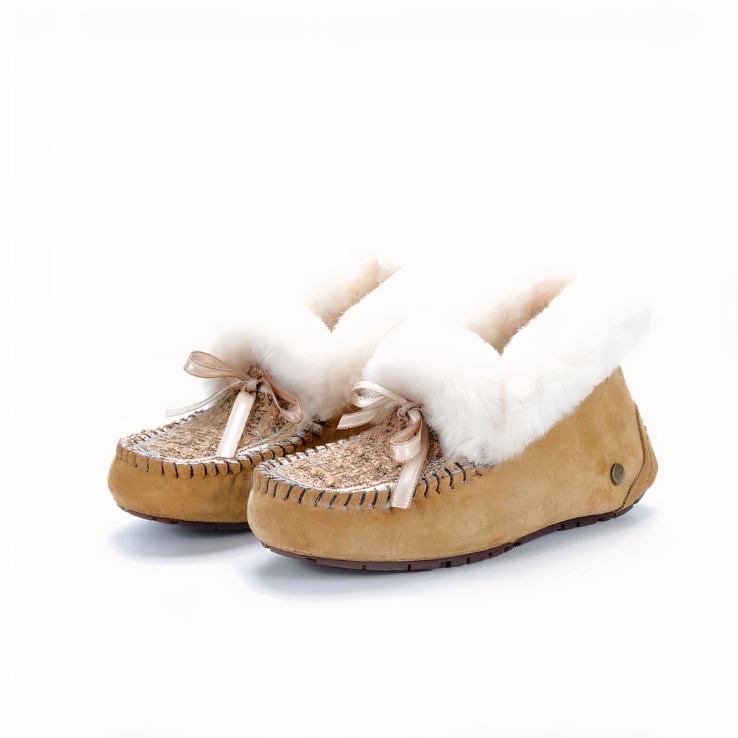 Mocassins indiens en daim fourré et tige en tweed