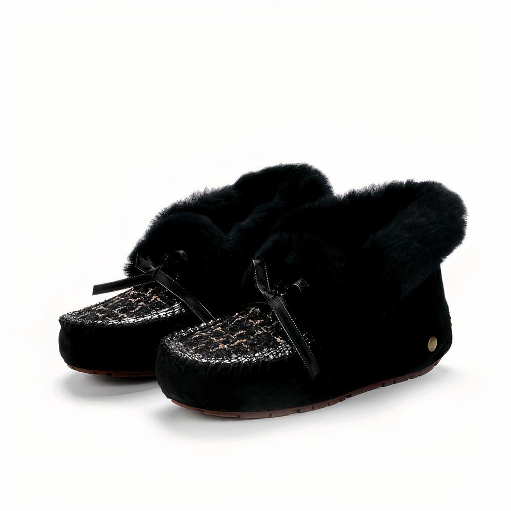 Mocassins indiens en daim fourré et tige en tweed