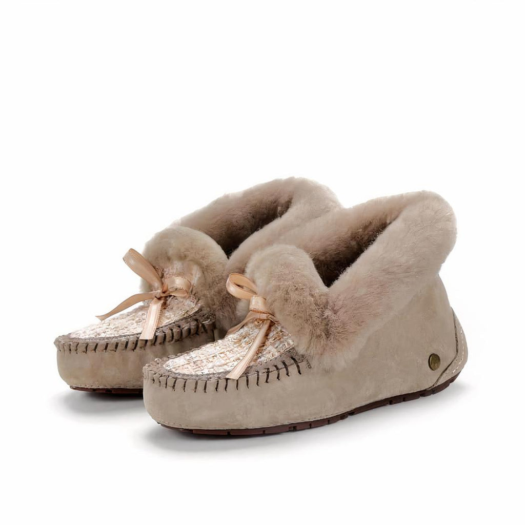 Mocassins indiens en daim fourré et tige en tweed