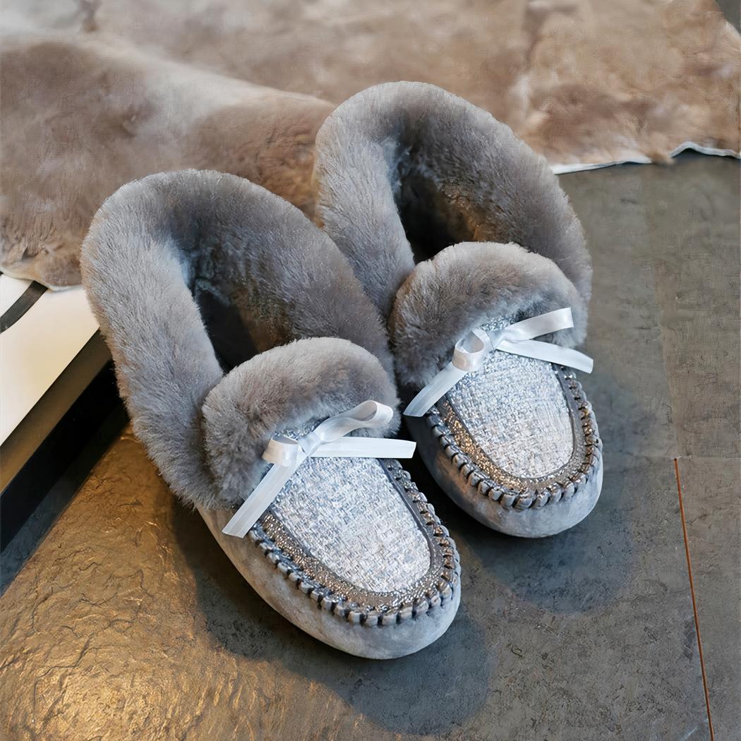Mocassins indiens en daim fourré et tige en tweed
