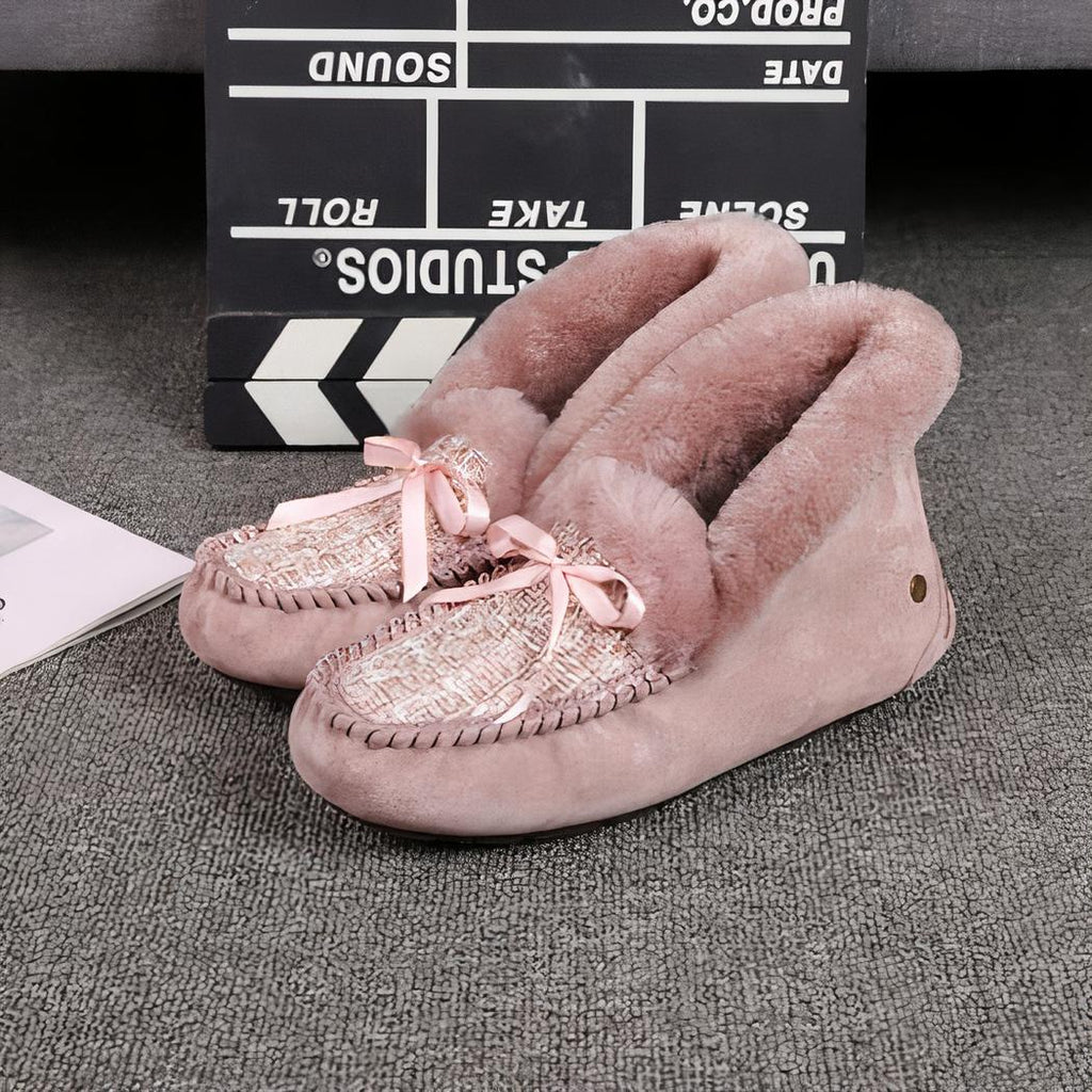 Mocassins indiens en daim fourré et tige en tweed