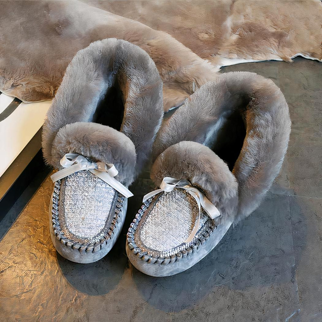 Mocassins indiens en daim fourré et tige en tweed