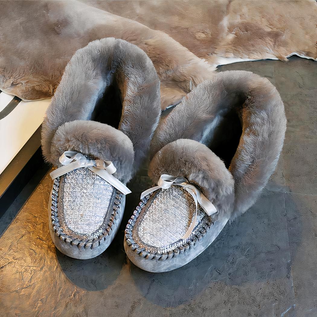Mocassins indiens en daim fourré et tige en tweed
