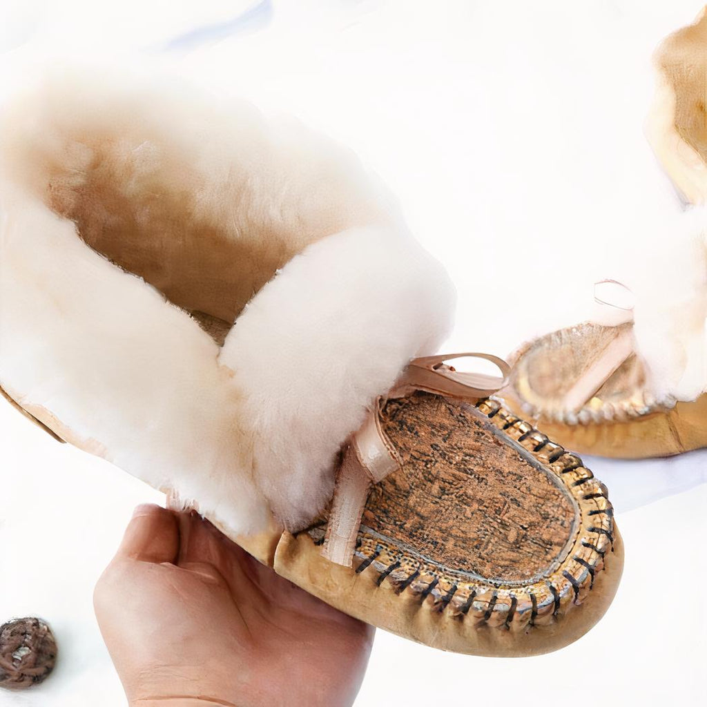 Mocassins indiens en daim fourré et tige en tweed
