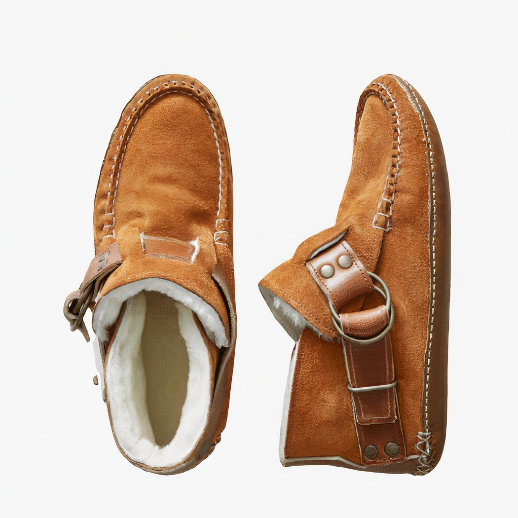 Mocassins indiens marrons en daim PU, fourrés avec une boucle autour de la cheville