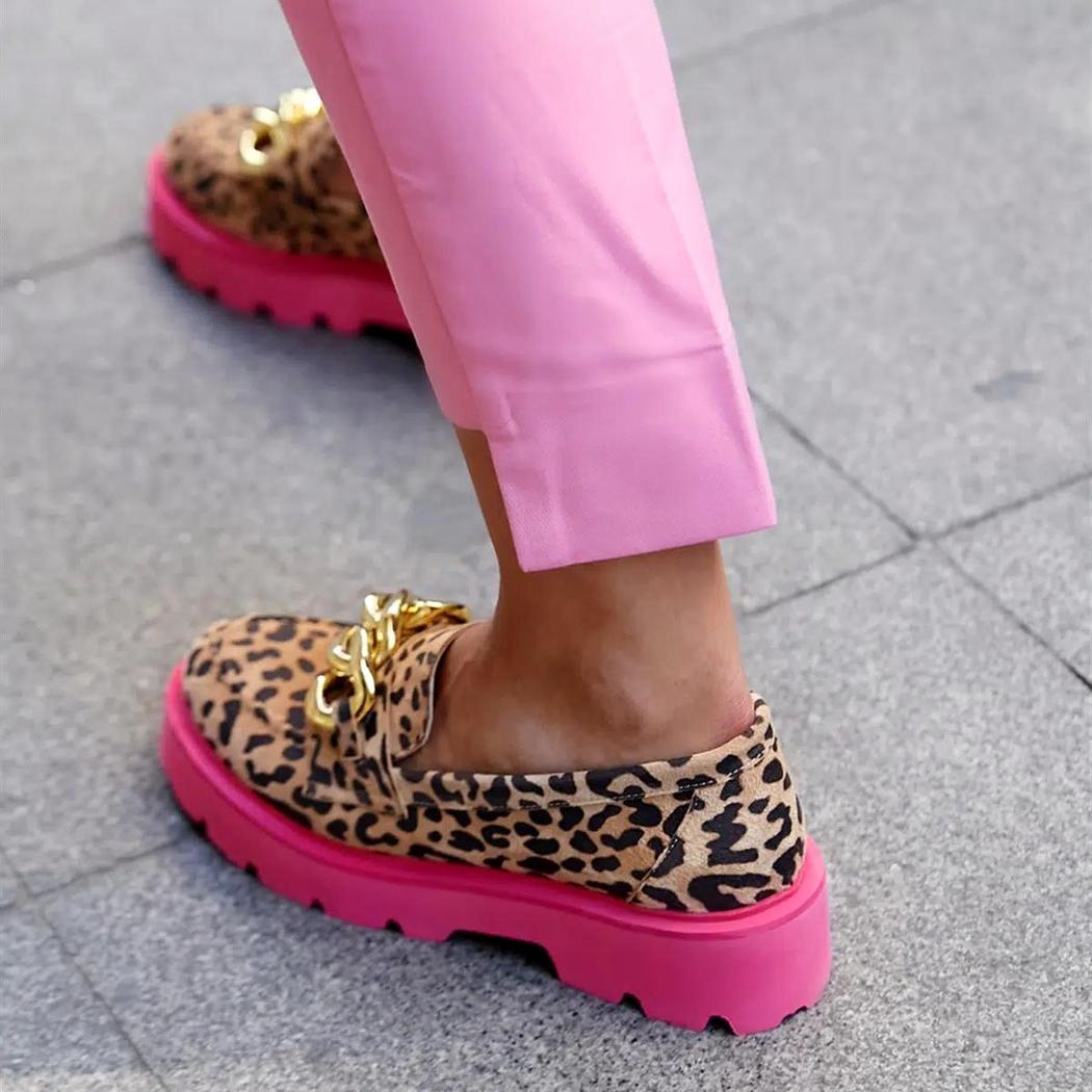 Mocassins léopard tendance avec semelle épaisse rose pour femme