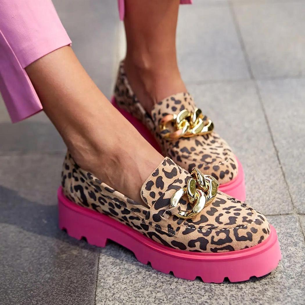Mocassins léopard tendance avec semelle épaisse rose pour femme