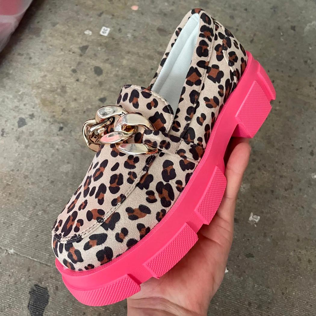 Mocassins léopard tendance avec semelle épaisse rose pour femme