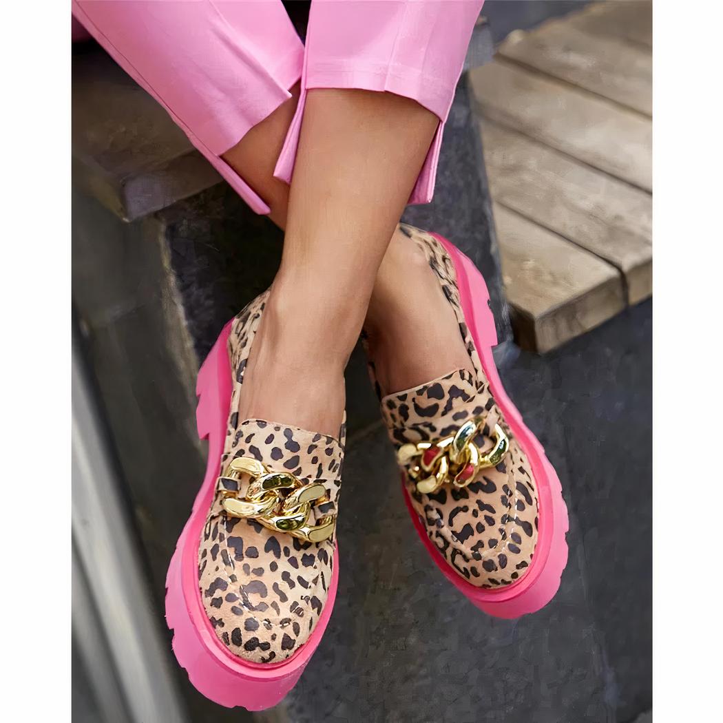 Mocassins léopard tendance avec semelle épaisse rose pour femme