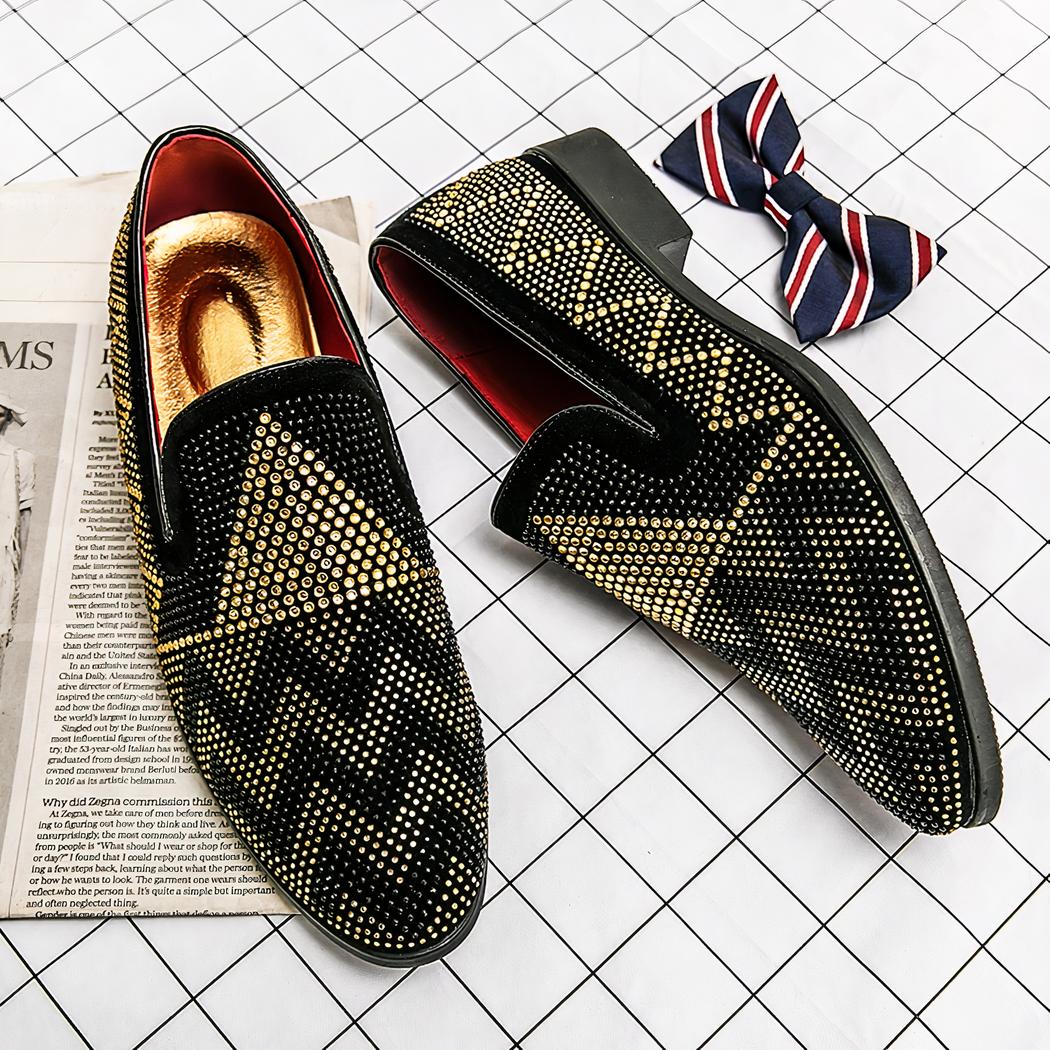 Mocassins noirs en strass dorés pour hommes