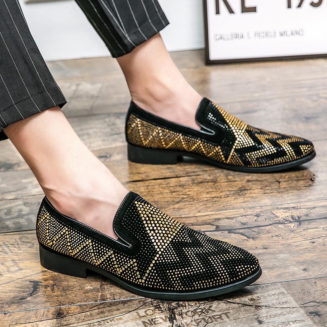 Mocassins noirs en strass dorés pour hommes