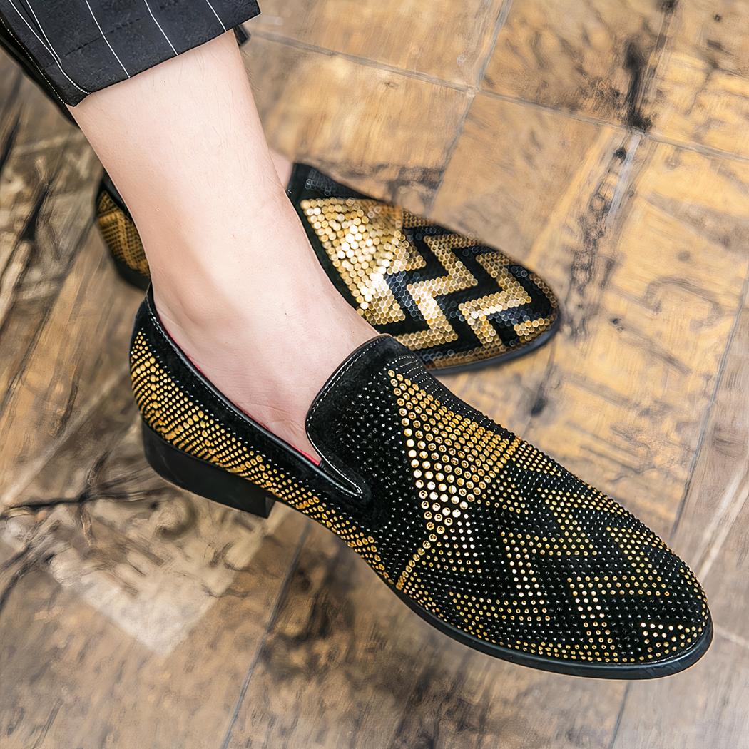 Mocassins noirs en strass dorés pour hommes