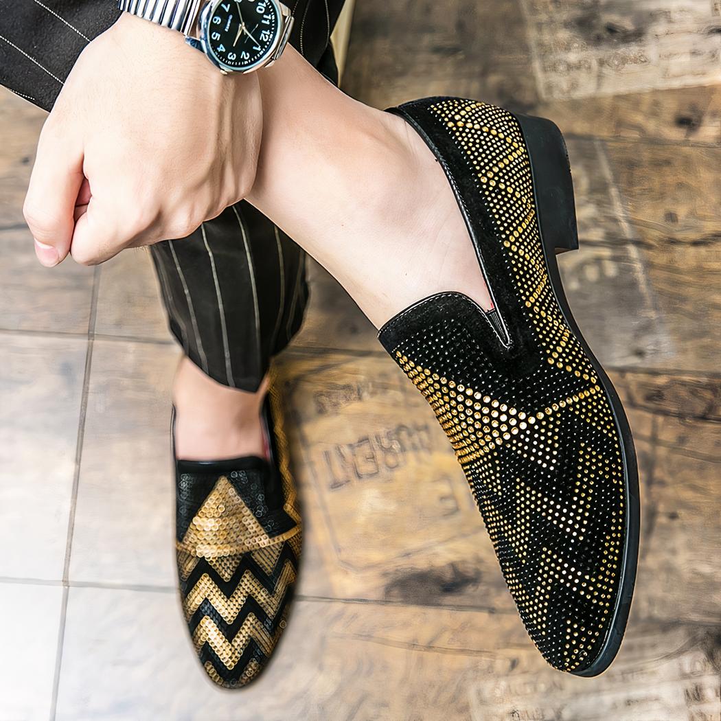 Mocassins noirs en strass dorés pour hommes