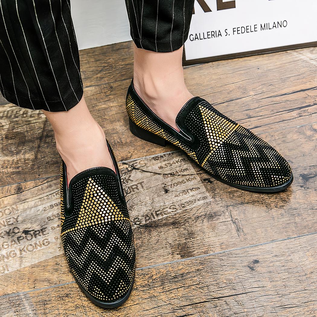 Mocassins noirs en strass dorés pour hommes
