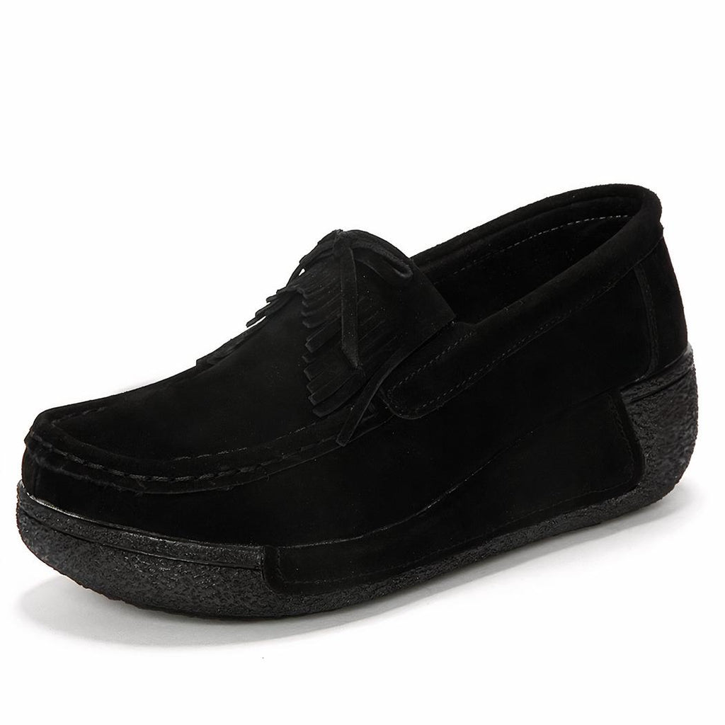 Mocassins compensés à franges en daim