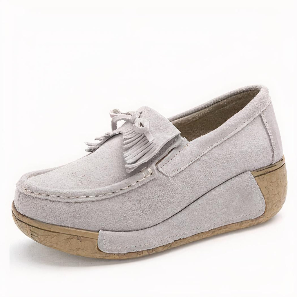 Mocassins compensés à franges en daim