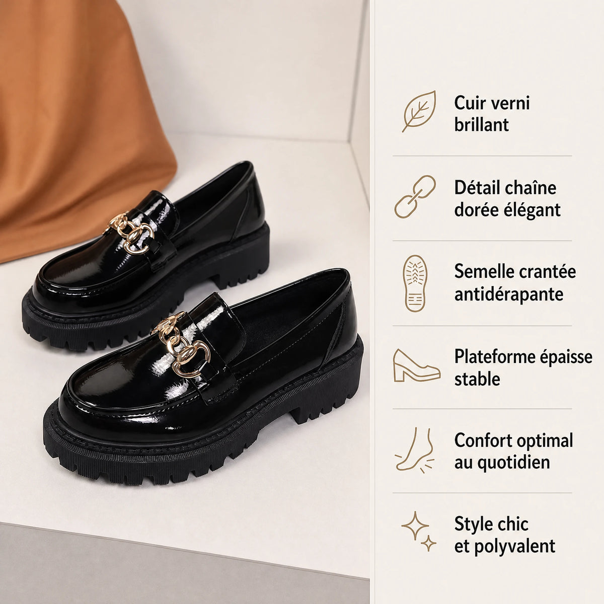 Mocassins plateforme noirs à chaînette dorée pour femme - Bénéfices produit