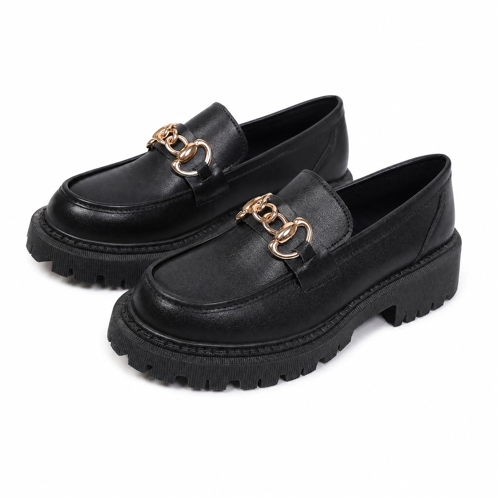 Mocassins plateforme noirs à chaînette dorée pour femme - Noir mat / 35 … (9 tailles)