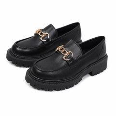 Mocassins plateforme noirs à chaînette dorée pour femme, Noir mat